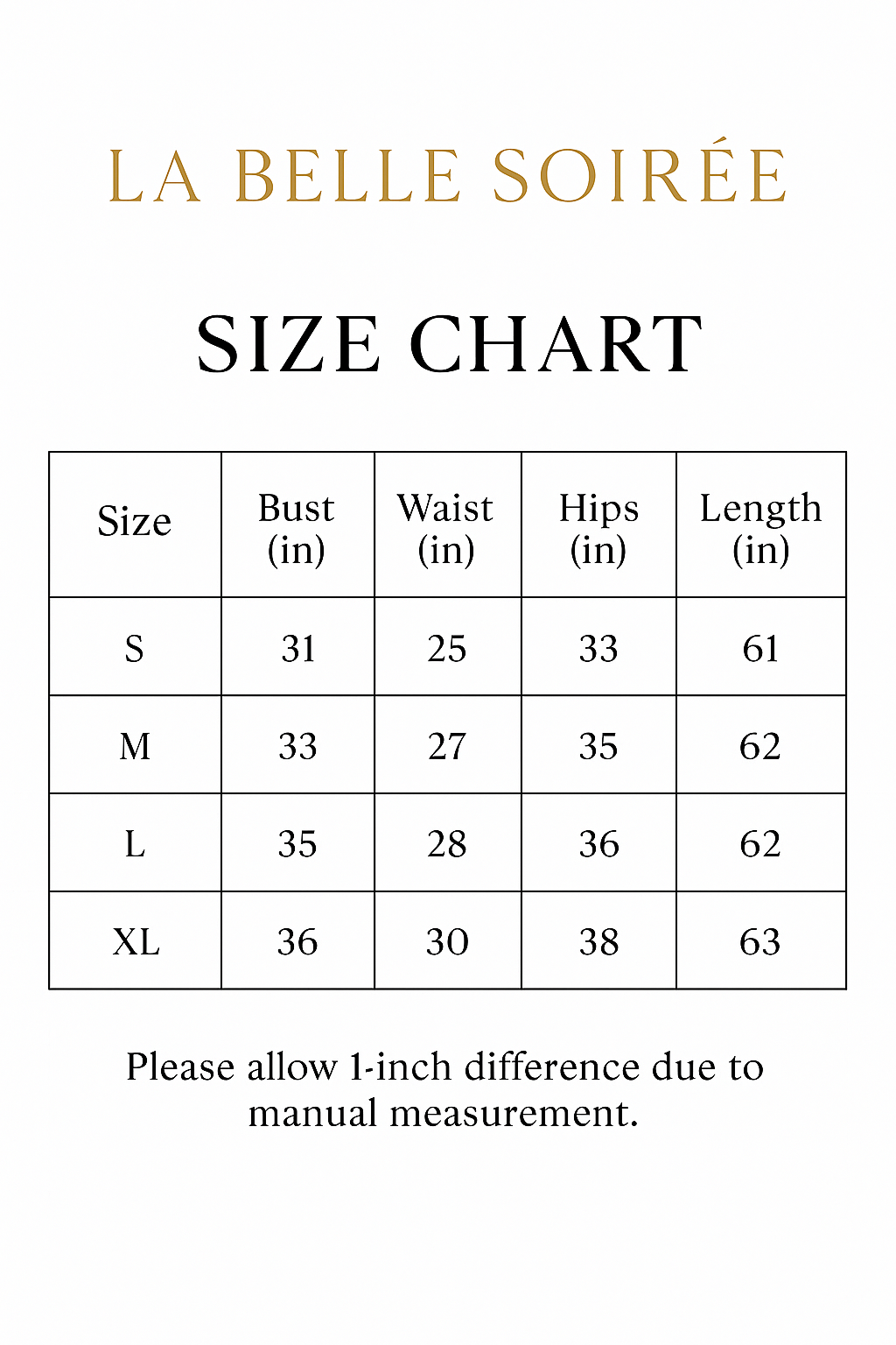 Size chart for clothing with measurements in inches on a white background