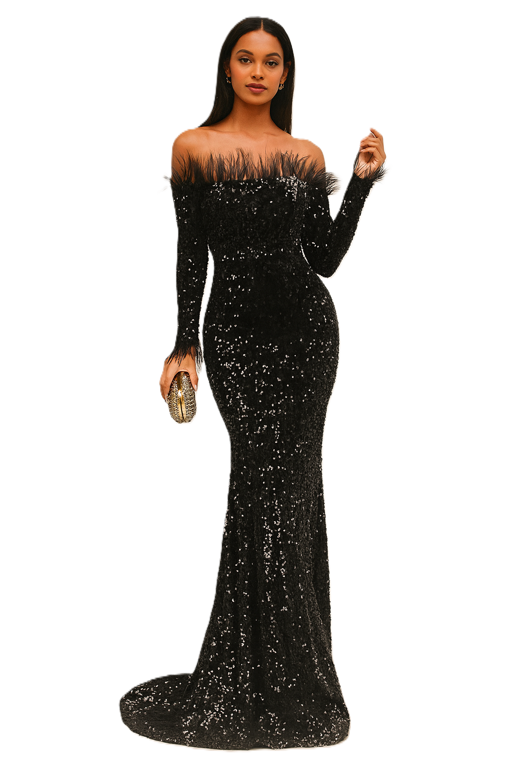 Woman wearing a black sequin evening gown on a white background