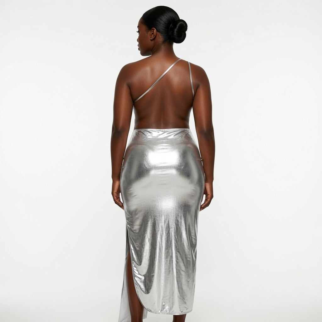A woman viewed from the back wearing a metallic silver one-shoulder midi dress with a high slit, set against a plain white studio background.