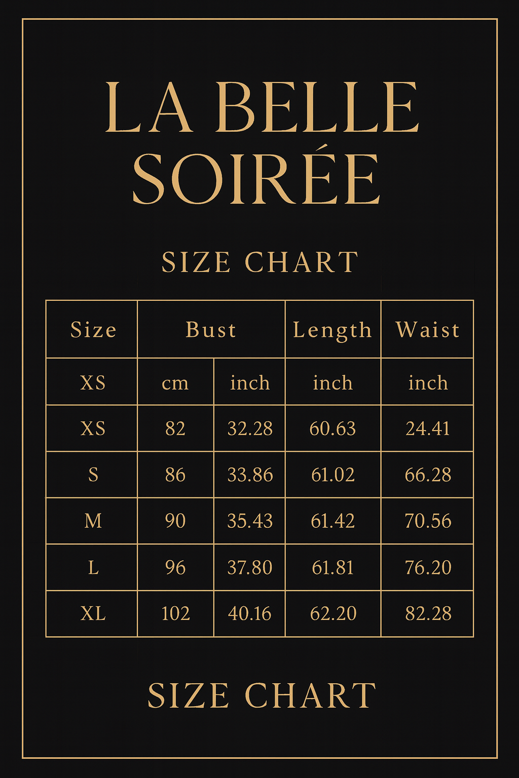 Size chart for 'La Belle Soirée' clothing with measurements in centimeters and inches.