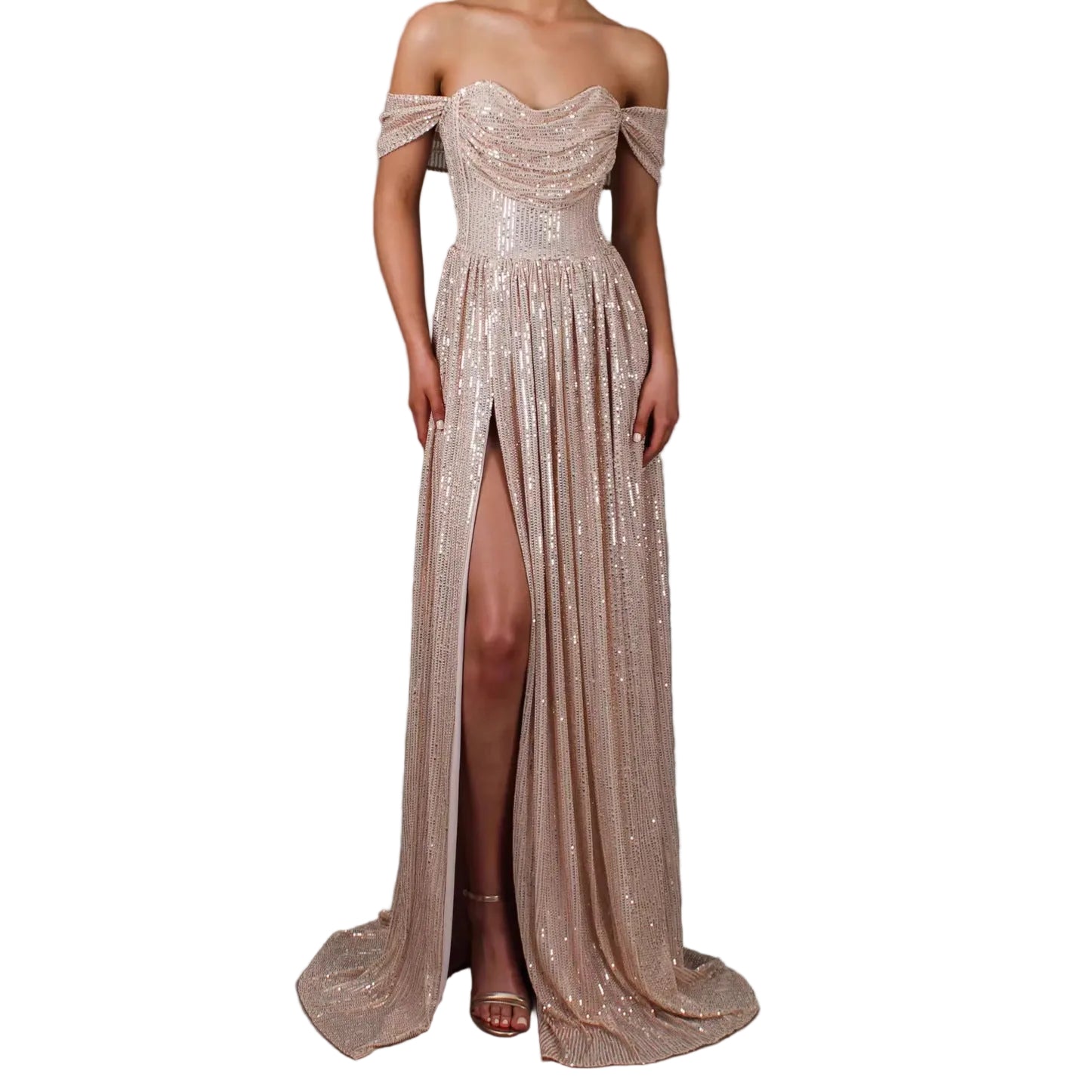 Elegant off-shoulder gown with a high slit on a gray background