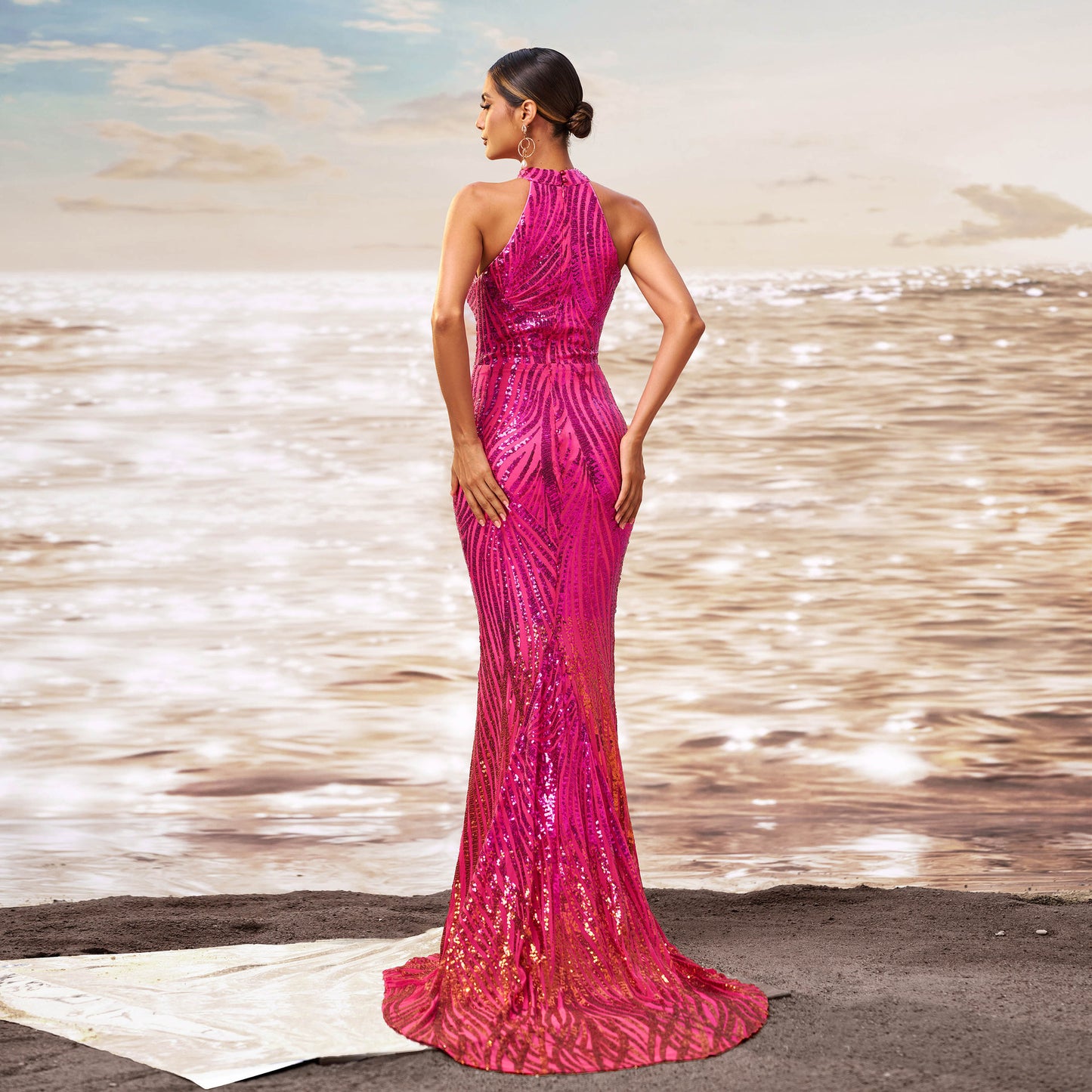 Pink Royalty Round Neck Off-the-shoulder Slim-fit Sheath Sequined Banquet Fishtail Evening Dress