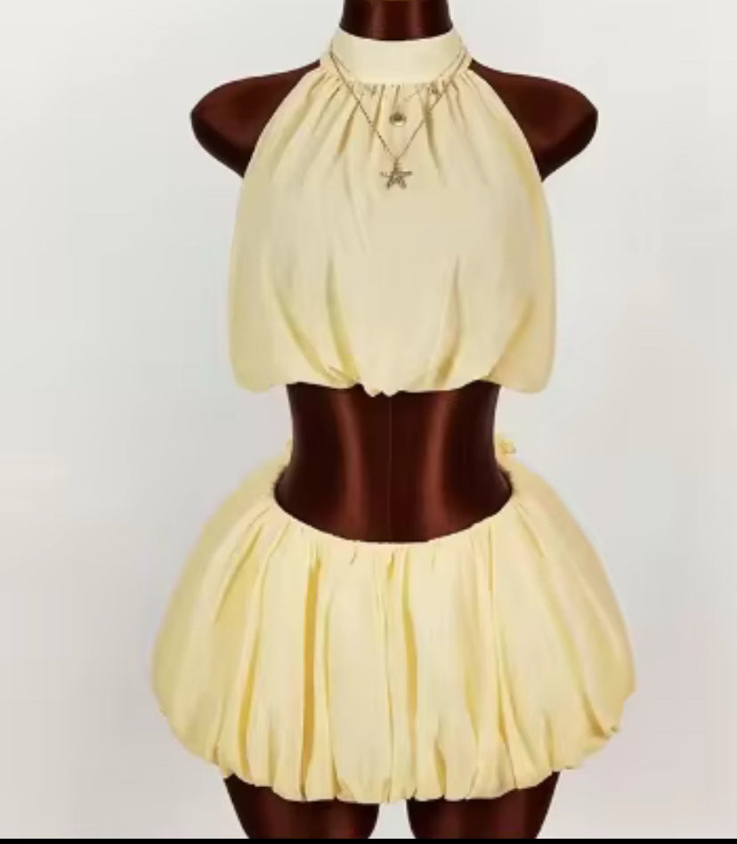Pale Yellow Halter Crop Top & Bubble Mini Skirt Set - Backless Tie Co-Ord, Puffy Bubble Skirt Two Piece Outfit, Summer Festival Party Look