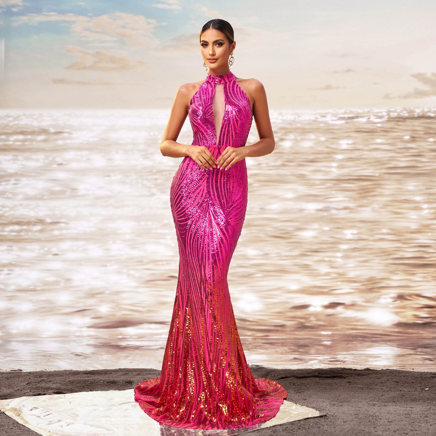 Pink Royalty Round Neck Off-the-shoulder Slim-fit Sheath Sequined Banquet Fishtail Evening Dress