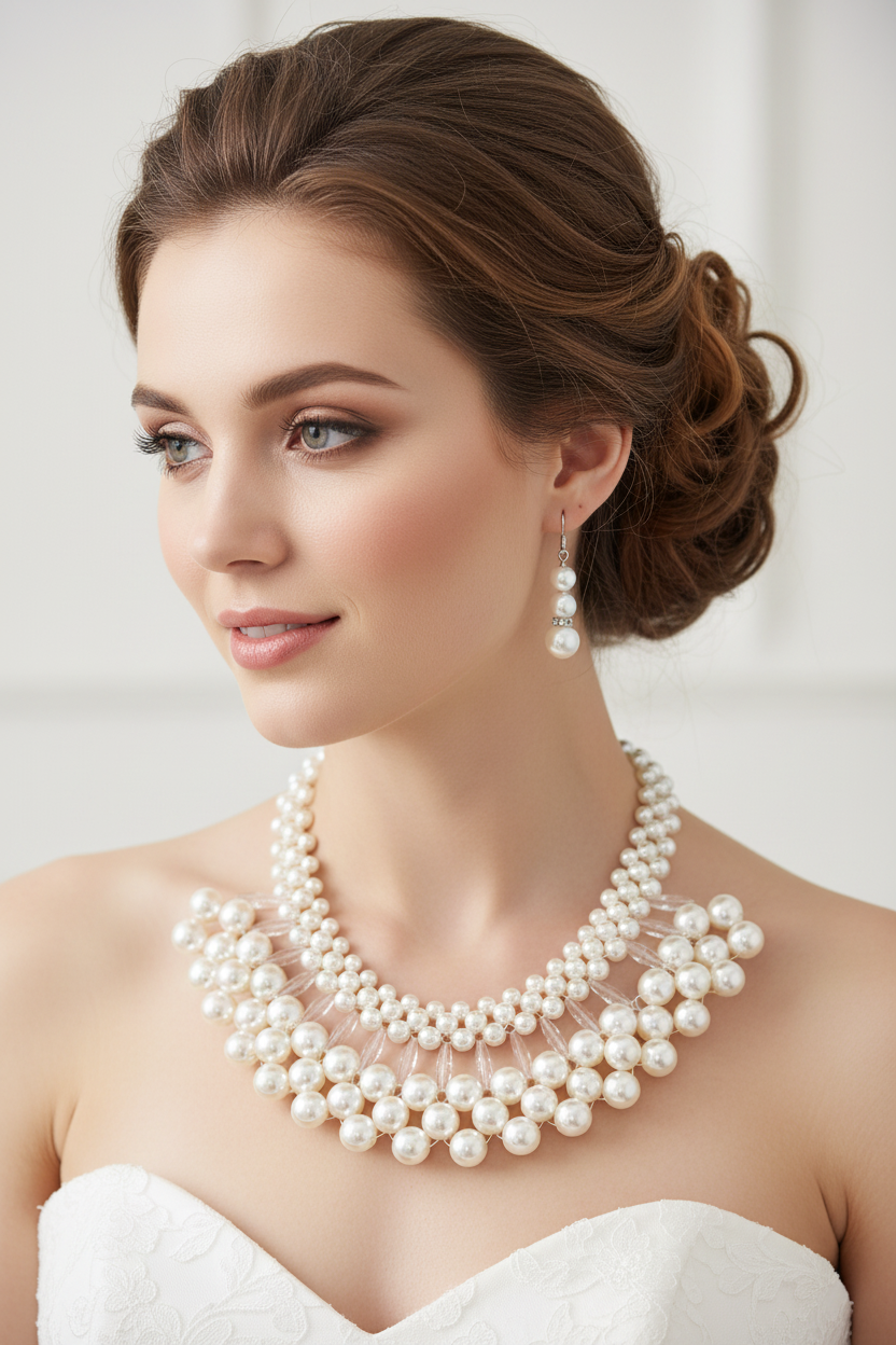 A woman with styled brown hair wears a multi-strand pearl necklace and matching pearl drop earrings, photographed against a soft light background.