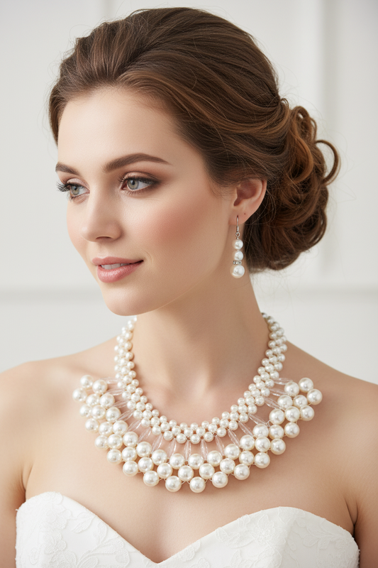 A woman with styled brown hair wears a multi-strand pearl necklace and matching pearl drop earrings, photographed against a soft light background.