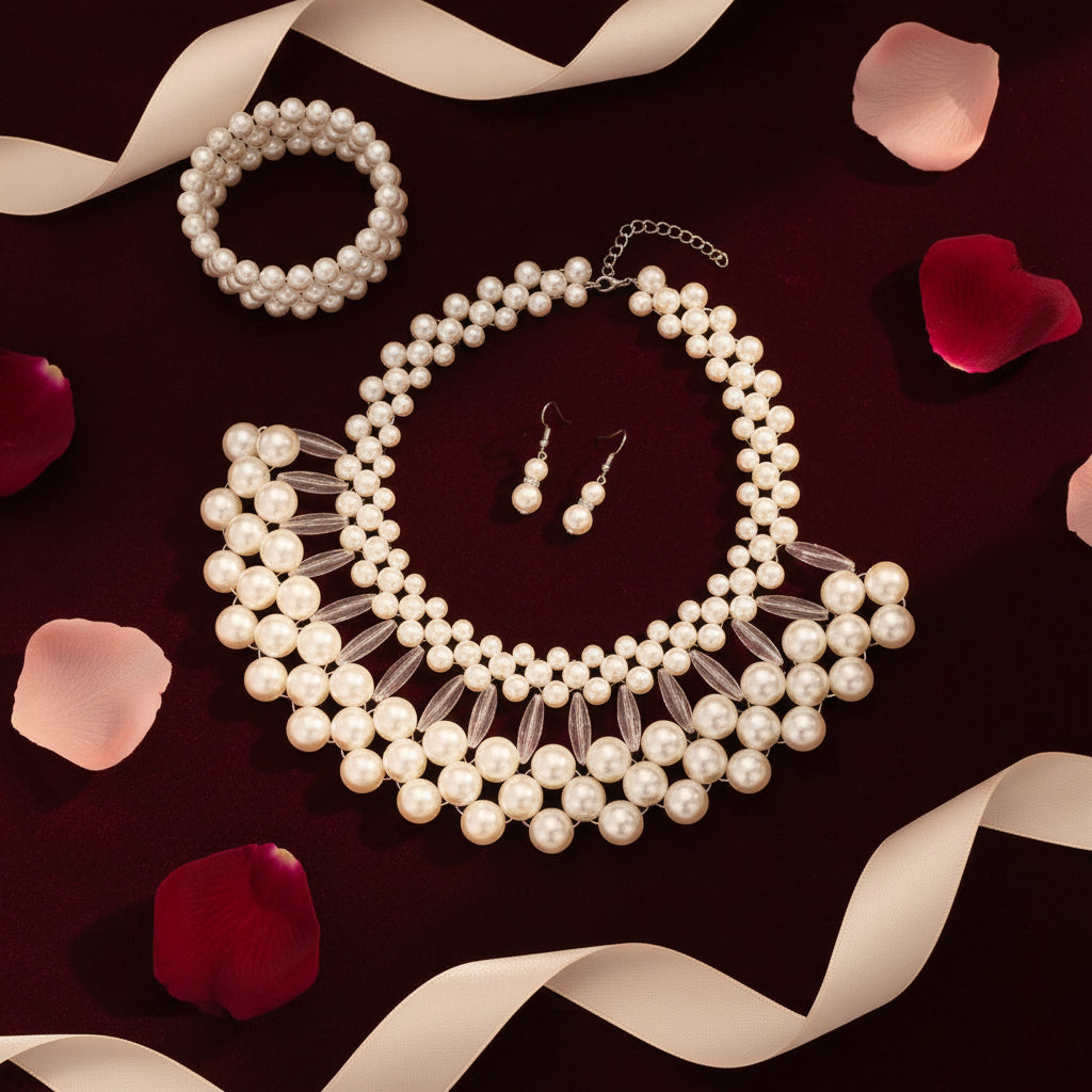 Pearl necklace and earrings on a brown surface with a white shell