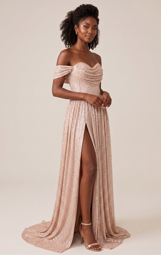 La Belle Soirée Sequin Strapless Gown with High Slit – Champagne, Blue, Pink