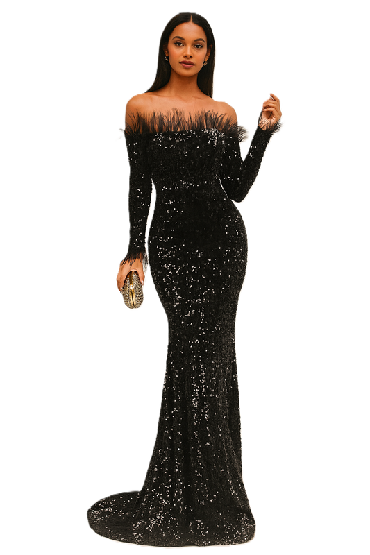 Woman wearing a black sequin evening gown on a white background