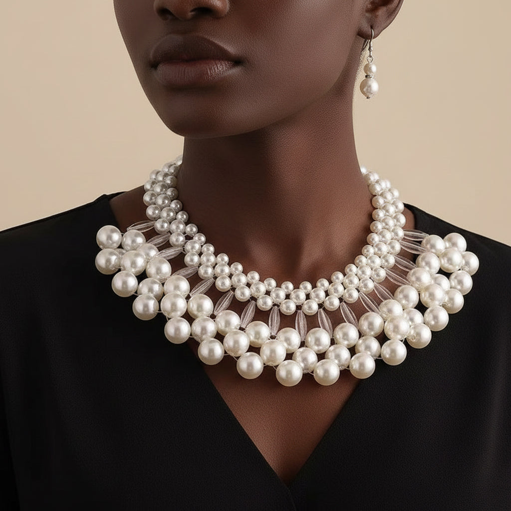 Pearl necklace and earrings on a person against a neutral background