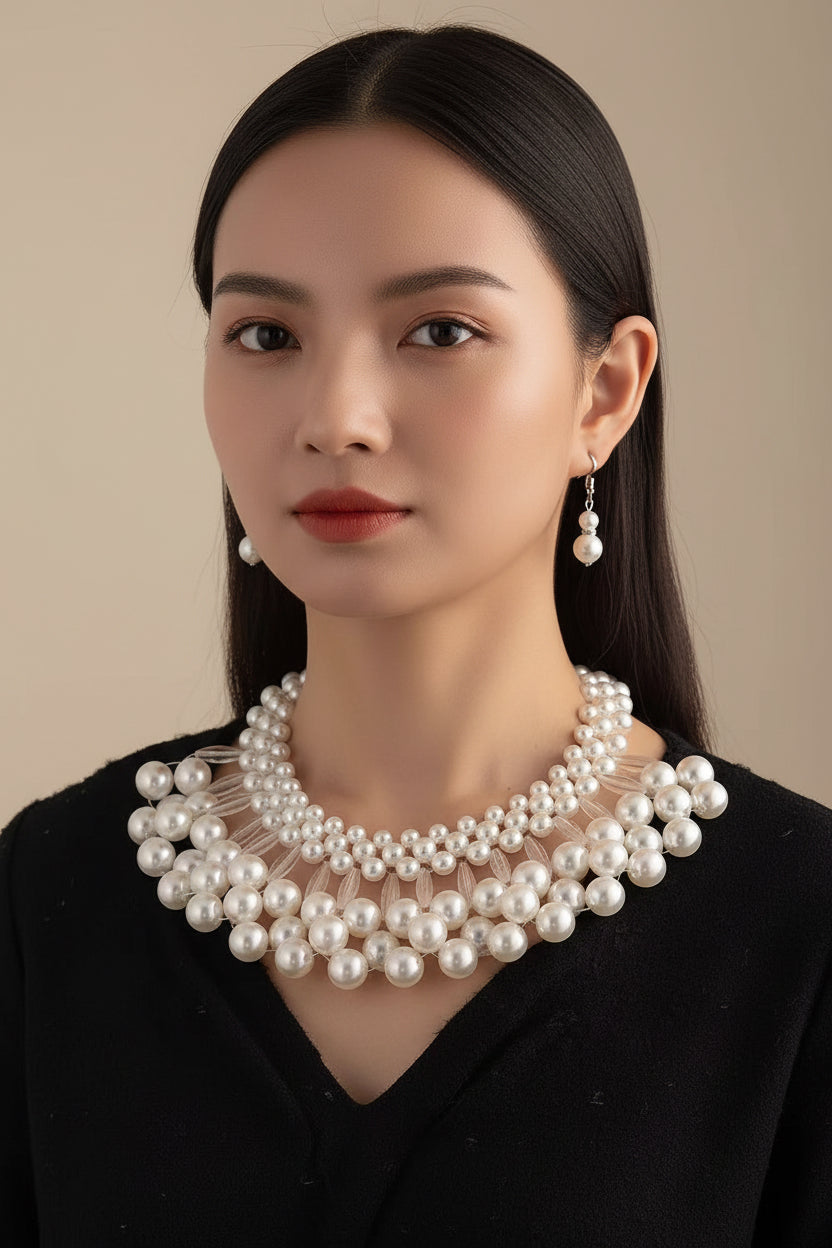 Pearl necklace and earrings on a person against a neutral background