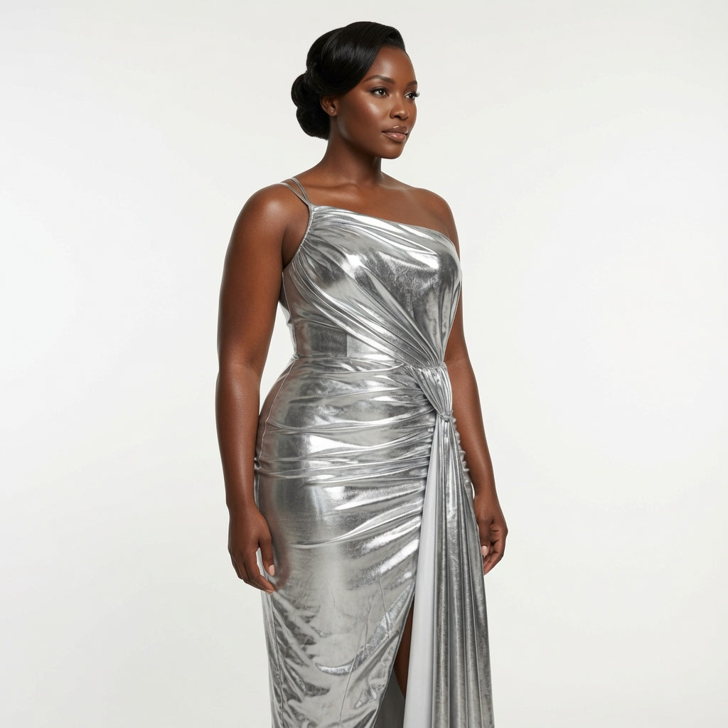 A woman modeling a metallic silver one-shoulder evening gown with ruched draping and a thigh-high slit, photographed against a plain light gray studio background.