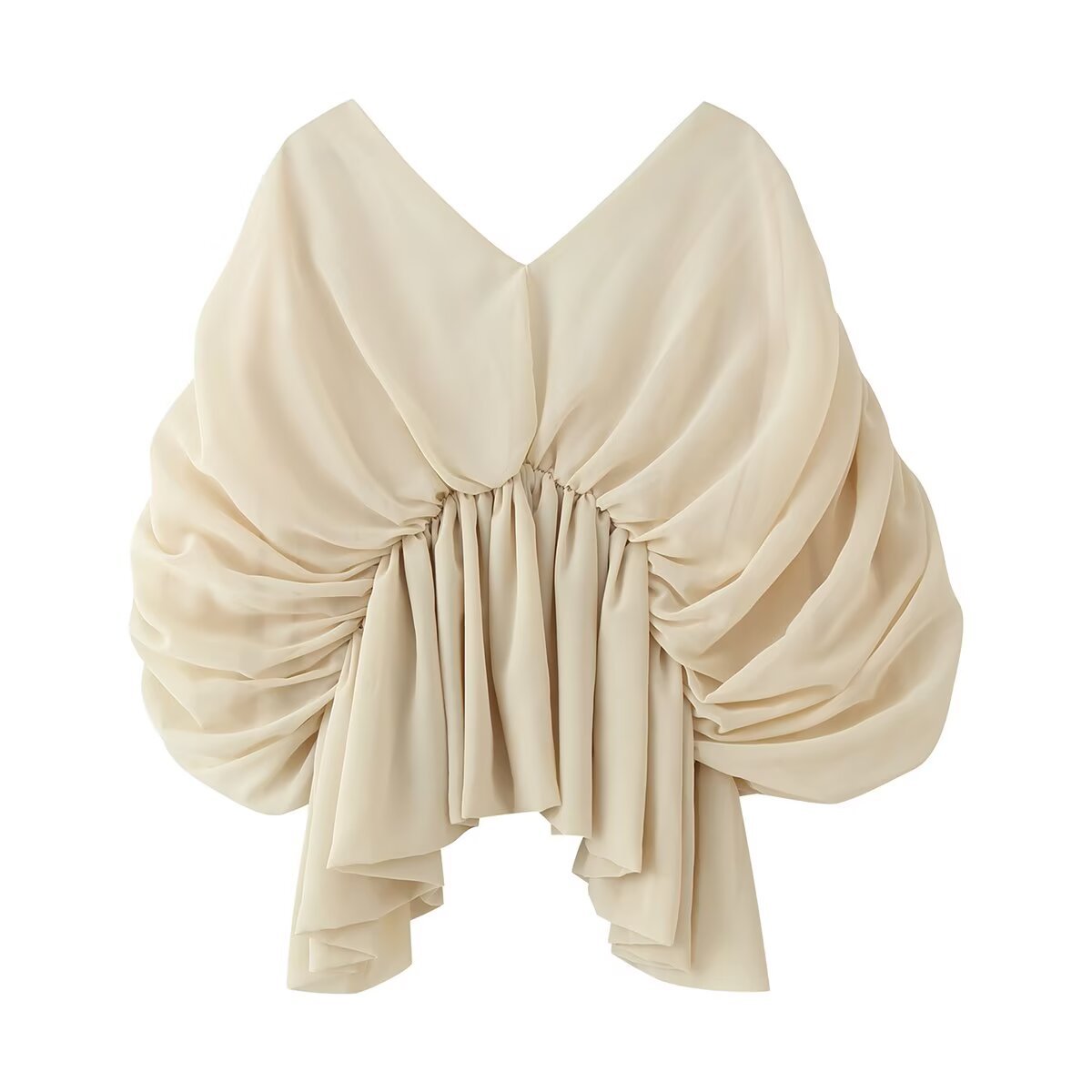 A cream-colored off-the-shoulder blouse with a gathered ruched bodice and voluminous draped sleeves, shown against a plain white background.