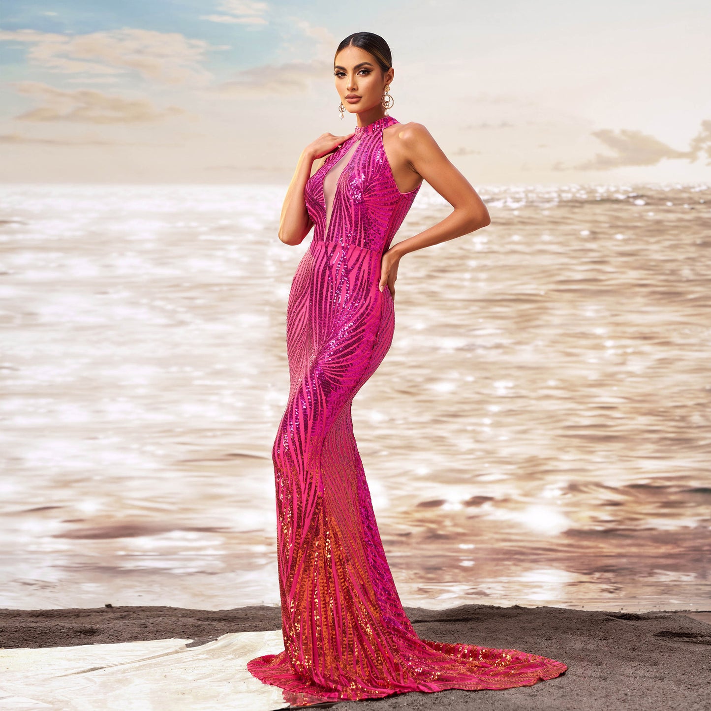 Pink Royalty Round Neck Off-the-shoulder Slim-fit Sheath Sequined Banquet Fishtail Evening Dress