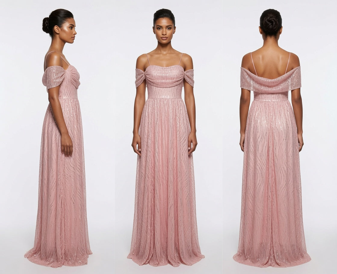 Pink off-shoulder evening gown displayed from front, side, and back on a white background