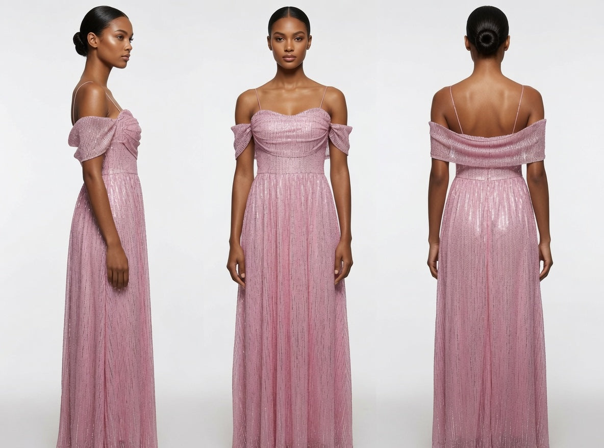 Pink off-shoulder gown worn by a model on a white background
