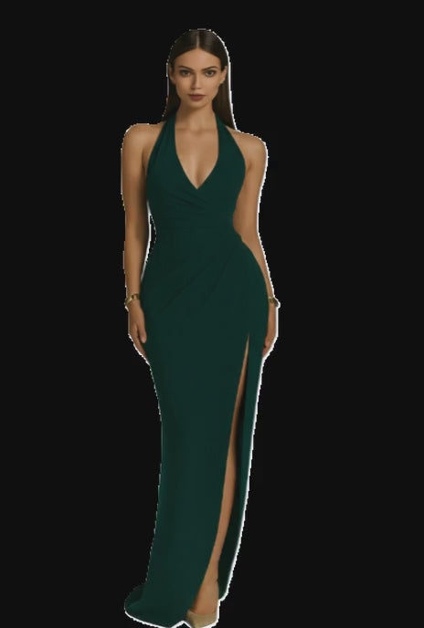 Vert Envoûtant – La Belle Soirée Collection Dark Green Halter Neck Dress in motion