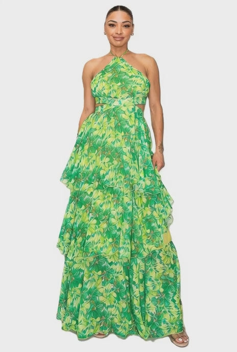 Beautiful lady twirling in a green dress