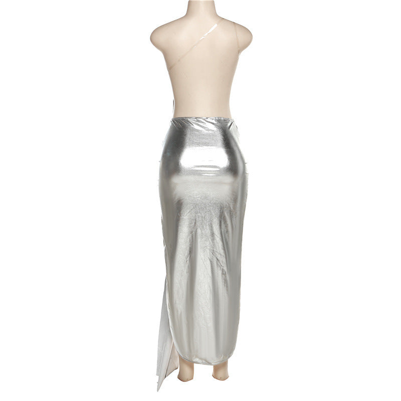 Silver metallic skirt on a mannequin against a white background